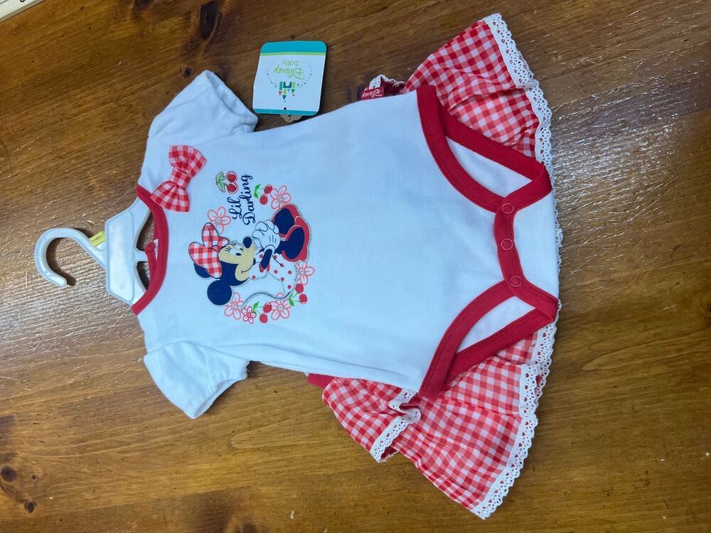 NWT Disney Baby Minnie Mouse Gingham Skirt Onesie Set 3-6M Lil Darling